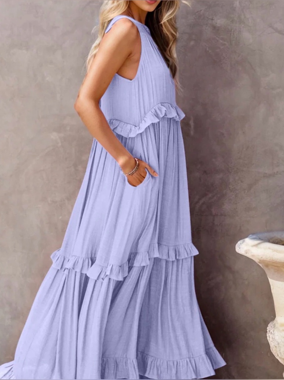 Sleeveless Lilac Ruffle Tiered Maxi Dress - Women